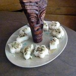 blogP1050065 Shaped sushi rice with seasonings on top. Custom tiki dish because we can